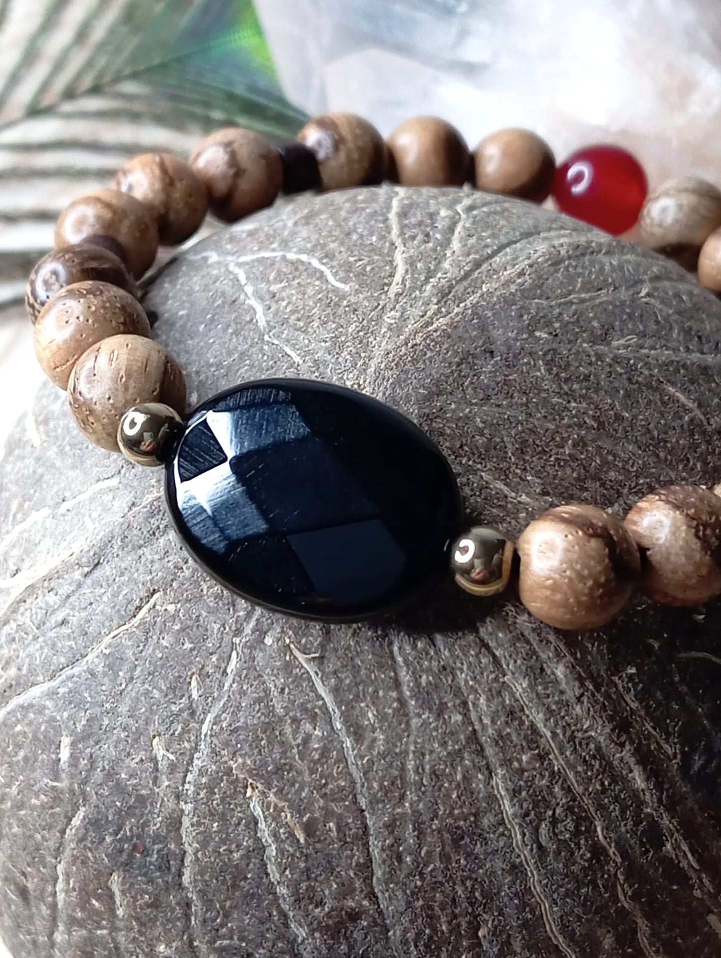 Bracelet en Onyx, Bois et Cornaline