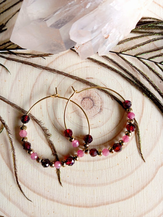 Boucles d'oreilles grenat, tourmaline rose et hématite champagne