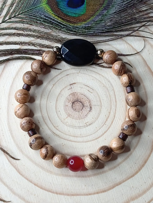 Bracelet en Onyx, Bois et Cornaline