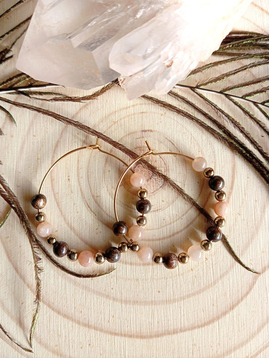 Boucles d'oreilles bronzite, pierres de soleil et hématite champagne