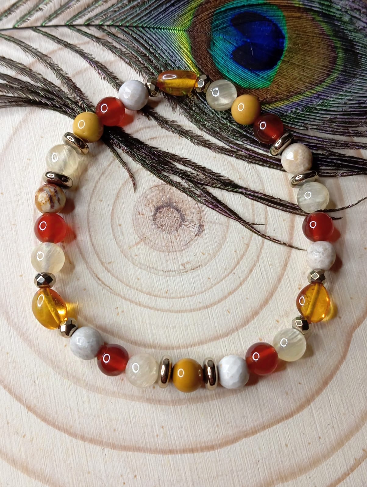 Bracelet en Cornaline, Ambre, Mokaite, Calcite Jaune et Agate Corail