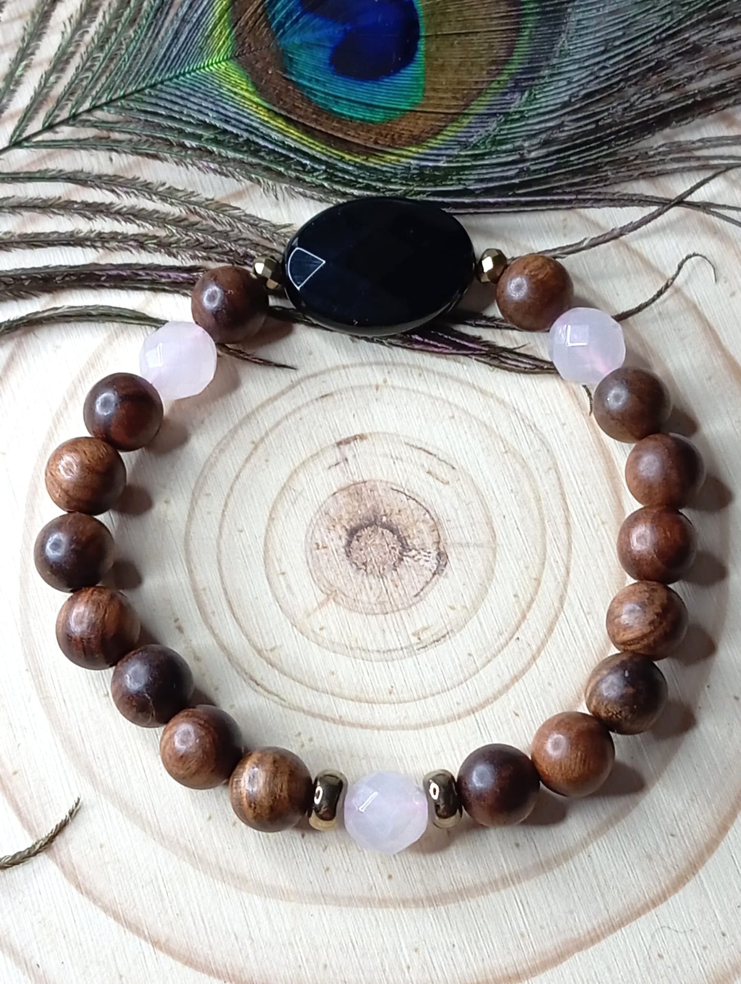 Bracelet en Onyx, Bois de Rose et Quartz Rose