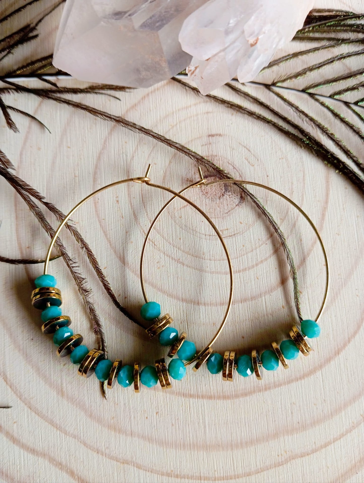 Boucles d'oreilles jade émeraude et hématite champagne