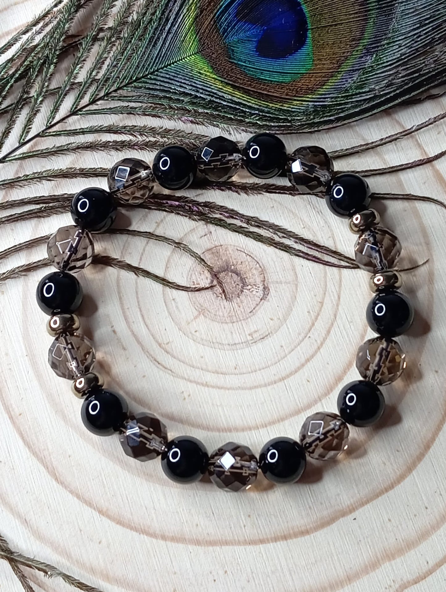 Bracelet en Quartz Fumé et Onyx