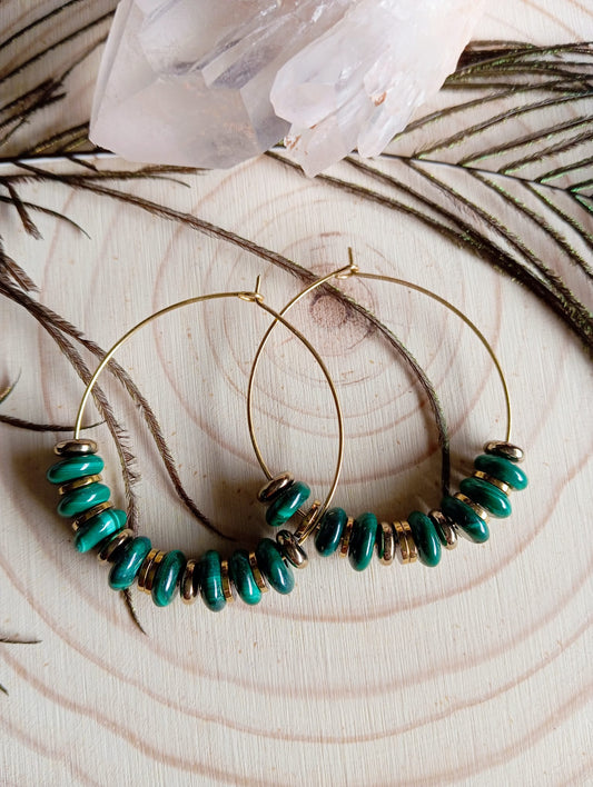 Boucles d'oreilles malachite et hématite champagne